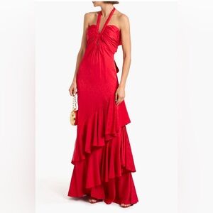 Johanna Ortiz Red Balladist tiered satin-jacquard halterneck maxi dress